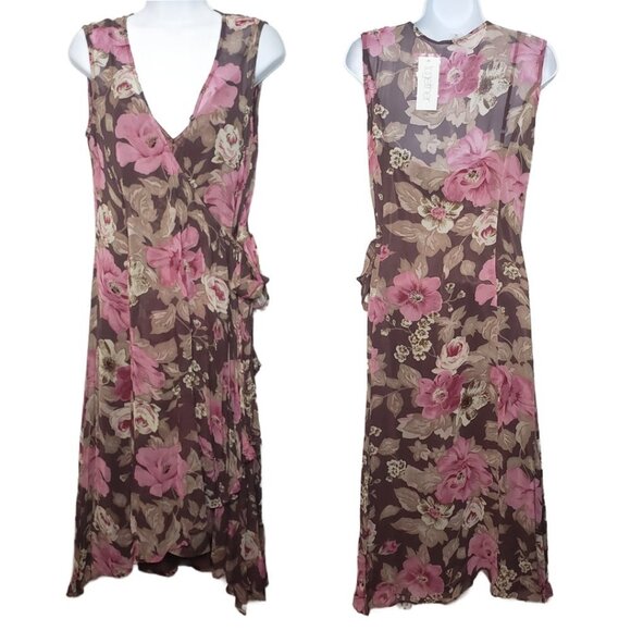 NWT Together Layered Sheer Floral Wrap Dress, Brown Sz 10 (1253) - Picture 1 of 7